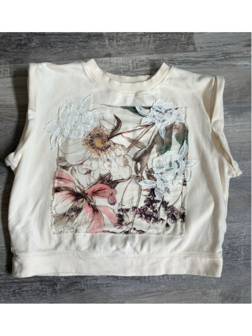 Anthropologie Floral Lace Appliqué Mixed Media Muscle Sweatshirt Size M